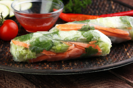 Vietnamese Salad spring roll, summer roll with vegetables, lettuce and rice noodles