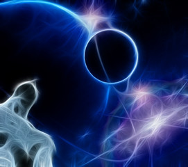 Figure gazes upward toward ringed planets