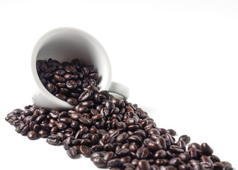 cup and coffee beans on white background