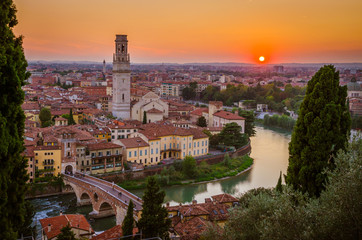 Beautiful sunset aerial view of  Verona, Veneto region, Italy.