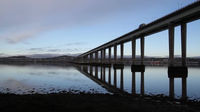 Dundee waterfront and Tay Road Bridge at dawn Scotland