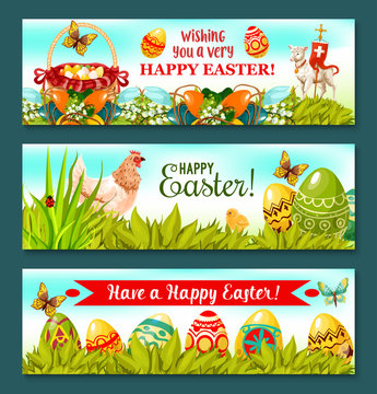 Easter Holiday banner set with decorated eggs