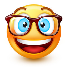 Cute nerd-face emoticon or 3d smiley emoji  reading with a pair of eyeglasses.