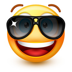 Cute smiley-face emoticon or 3d smiley emoji with dark sunglasses, showing a sense of cool.
