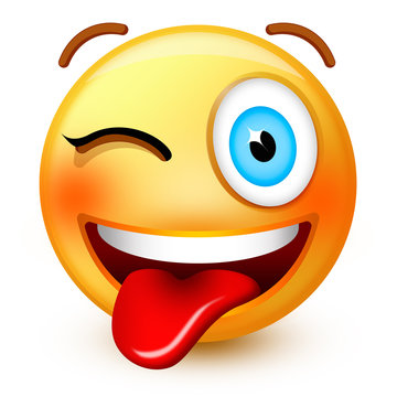 Cute smiley-face emoticon or 3d smiley emoji with stuck-out tongue & winking eye