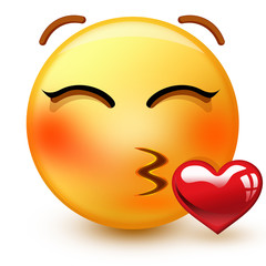 Cute kissing face emoticon or 3d very romantic emoji throwing a passionate kiss with closed eyes.