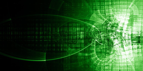 Fototapeta premium Abstract background element. Chaotic distortion of regular grid pattern. Wide format. Technology glitch concept. Green color.