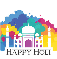 Happy Holi. Taj Mahal with abstract traditional colorful dust for Holi holiday
