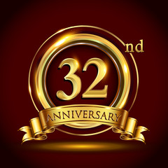 32nd golden anniversary logo with gold ring and golden ribbon, vector design for invitation card and greeting card for birthday party celebration