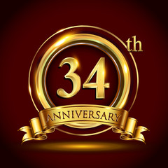 34th golden anniversary logo with gold ring and golden ribbon, vector design for invitation card and greeting card for birthday party celebration