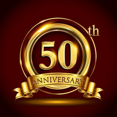 50th golden anniversary logo with gold ring and golden ribbon, vector design for invitation card and greeting card for birthday party celebration
