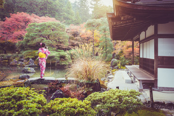 Japanese women in traditional kimono visit autumn park, Vintage color