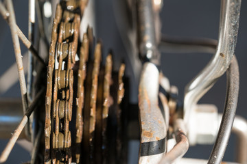 old bike rear cassette macro shot.
Bicycle gears and rear derailleur
