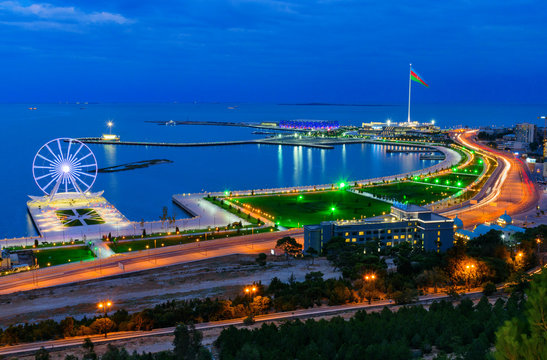Night view of the city Baku and National Flag Square