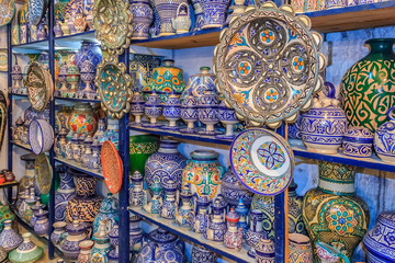 Moroccan ceramics handicrafts on display in a pottery shop