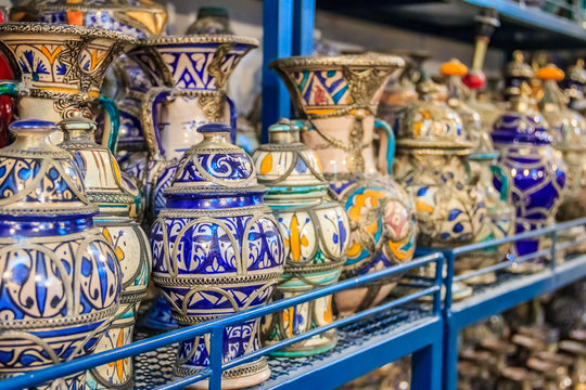 Moroccan ceramics handicrafts on display in a pottery shop
