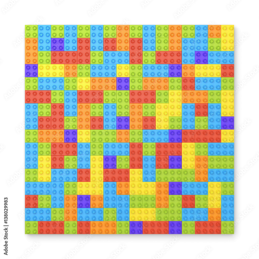 Poster 3d rendering of many toy blocks in different colors making up one large square shape in top view.