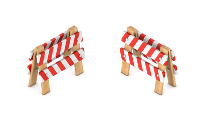 Fototapeta na wymiar 3d rendering of a white and red traffic chevron sign on a wooden stand in double-sided isometric view.