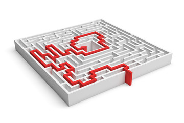 3d rendering of a white square maze with a red arrowed line showing the solution on white background.