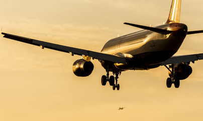 Fototapeta premium Passenger Jet Landing Approach at Sunset