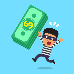 Cartoon a thief with money stack