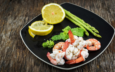 FoodShrimps. Prawns on a wood Background .Seafood