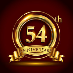 54th golden anniversary logo with gold ring and golden ribbon, vector design for invitation card and greeting card for birthday party celebration