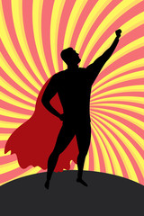 Silhouette cartoon man in hero costume burst background