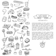 Hand drawn doodle Fast food icons set. Vector illustration. Junk food elements collection. Cartoon snack various sketch symbol: soda, burger, potato,hot dog, pizza, tacos, sweet desert, donut, popcorn