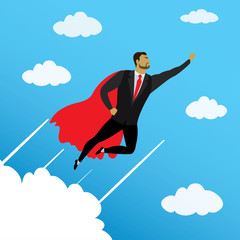 Businessman looking like Super hero flying to success in sky