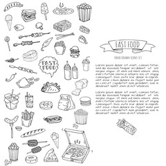 Hand drawn doodle Fast food icons set. Vector illustration. Junk food elements collection. Cartoon snack various sketch symbol: soda, burger, potato,hot dog, pizza, tacos, sweet desert, donut, popcorn