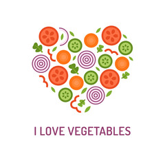 Vegetable heart with the inscription: I love vegetables. Element for your design, print for t-shirts, brochures and other. Flat design. Vector illustration.