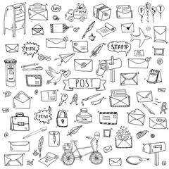 Hand drawn doodle Postal elements icon set. Vector illustration. Isolated post symbols collection. Cartoon various mail element: letter, envelope, stamp, post box, package, delivery truck, pigeon.