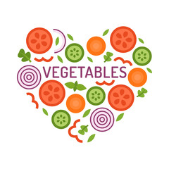 Vegetable heart with an inscription isolated on white background. Element for your design: restaurant menu and others. Flat style. Vector illustration.