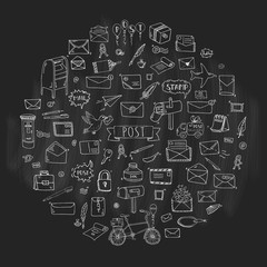 Fototapeta premium Hand drawn doodle Postal elements icon set. Vector illustration. Isolated post symbols collection. Cartoon various mail element: letter, envelope, stamp, post box, package, delivery truck, pigeon.