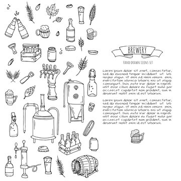 Hand drawn doodle set of Brewery icons. Vector illustration set. Cartoon Craft Beer production symbols. Sketchy brewing elements collection: pub equipment, malt, hop, glass, barrel, mill, beer tap.