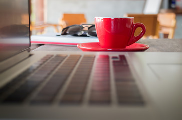 Hot espresso on working table