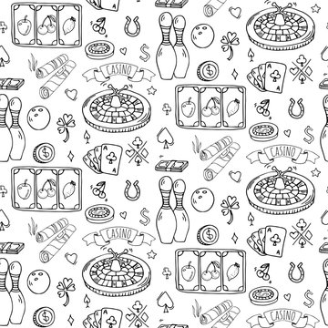 Seamless background hand drawn doodle set of Casino icons. Vector illustration set. Cartoon Gambling symbols. Sketchy game elements collection: bet, jackpot, cards, chips, coins, roulette, poker, slot