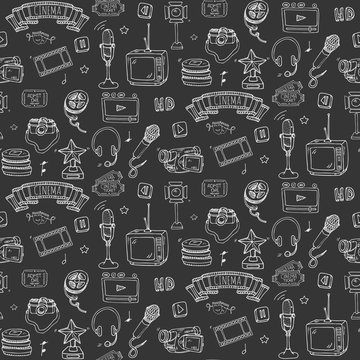 Seamless pattern hand drawn doodle Cinema set. Vector illustration. Movie making icons. Film symbols collection. Cinematography freehand elements: camera, film tape, photo camera, pizza, popcorn