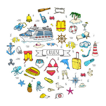 Hand drawn doodle Cruise vacation icons set Vector illustration summer adventure emblem collection Cartoon cruise liner concept elements Sea symbols Marine concept with Ship Summertime Elements Boat