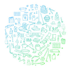 Hand drawn doodle set of Gardening icons. Vector illustration set. Cartoon Garden symbols. Sketchy elements collection: lawnmower, trimmer, spade, fork, rake, hoe, trug, wheelbarrow, hose reel.