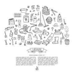 Hand drawn doodle set of Gardening icons. Vector illustration set. Cartoon Garden symbols. Sketchy elements collection: lawnmower, trimmer, spade, fork, rake, hoe, trug, wheelbarrow, hose reel.