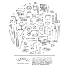 Hand drawn doodle Make up icons set. Vector illustration. Beauty symbols collection. Cartoon face care concept element: powder, mascara, pencil, eye liner, foundation, cream, lipstick, blush, cosmetic