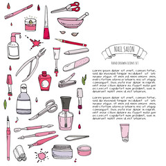 Hand drawn doodle Nail salon icons set. Vector illustration. Manicure accessories collection. Cartoon various sketch pedicure tools elements: polish, bottle, brush, varnish, scissors, lotion, cream