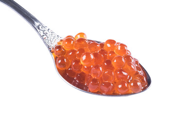 red caviar in spoon on white background