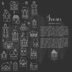 Hand drawn doodle street homes icons set. Vector illustration. Cottage symbol collection. Cartoon village buildings various sketch architectural elements: residential houses, housing, property