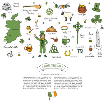 Hand drawn doodle Happy St. Patrick's Day set. Ireland icons. Vector illustration Sketchy Irish traditional food icons elements Flag Map Celtic Cross Knot Castle Leprechaun Shamrock Harp Pot of gold