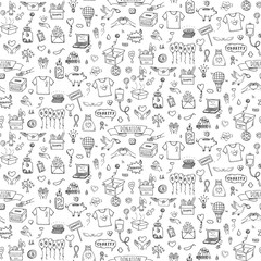 Seamless pattern Hand drawn doodle Donation icons set. Vector illustration. Charity symbols collection Cartoon donate sketch elements: blood donation, box, heart, money jar, care, help, gift, hands