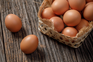 Egg in a basket on wooden table, Chicken Egg