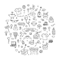 Hand drawn doodle Donation icons set. Vector illustration. Charity symbols collection Cartoon donate sketch elements: blood donation, box, heart, money jar, care, help, gift, giving hand, fund raising